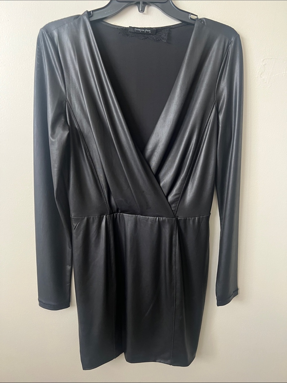 Patrizia Pepe Sera Faux Leather Surplice Mini Dress Black Large NWT $355